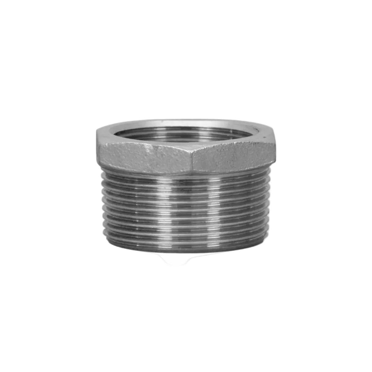 A metal threaded pipe fitting with a hexagonal top, shown on a plain white background.